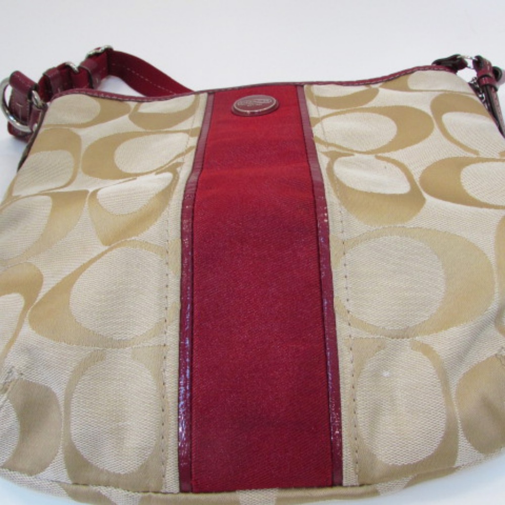 Coach Tan with Burgundy Red Stripe Shoulder Bag - Picture 6 of 6